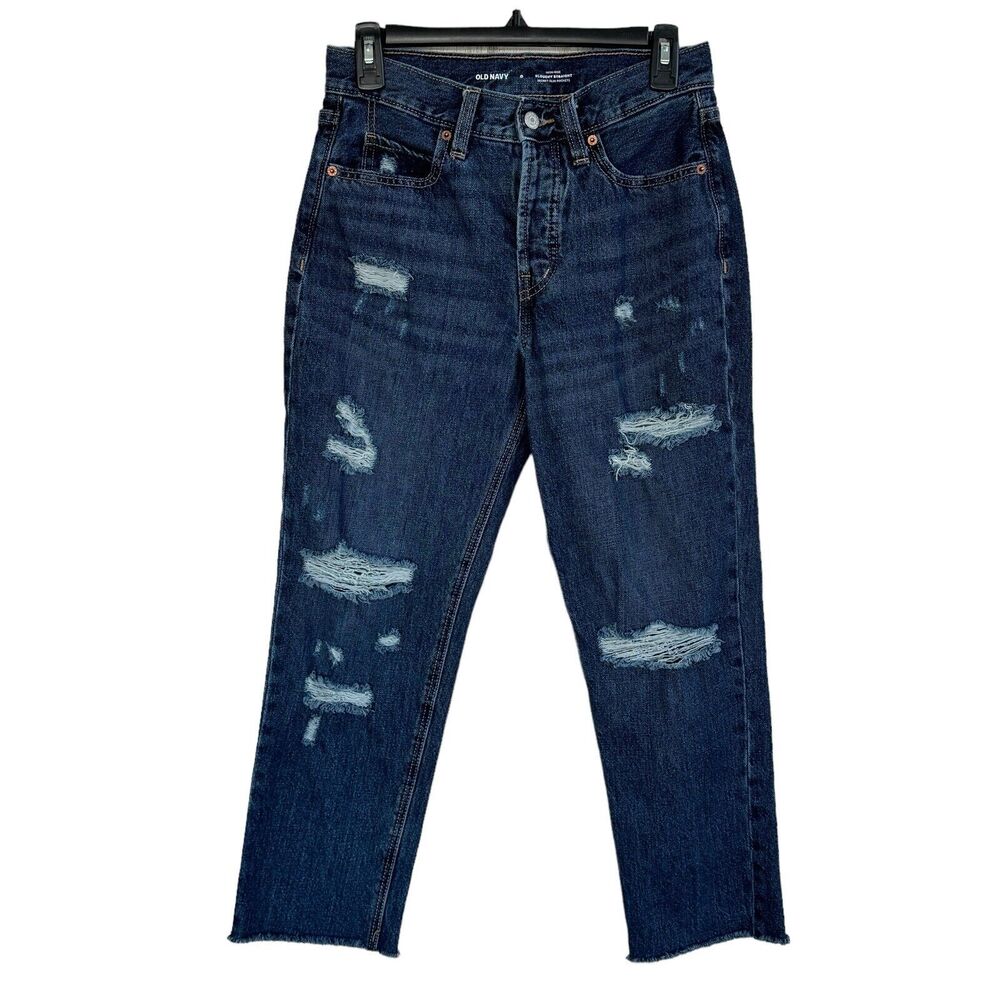 Old Navy SZ 0 Slouchy Straight Jeans Hi-Rise Button-Fly Distressed Frayed Hems